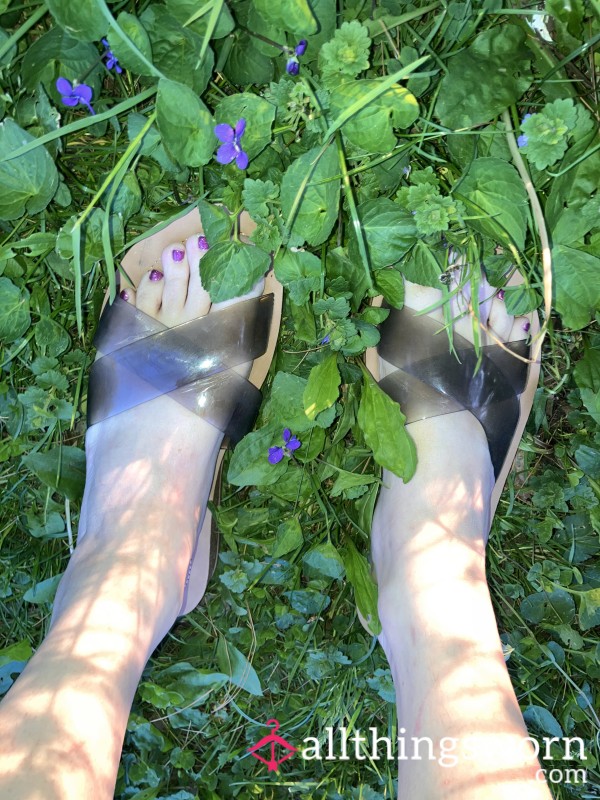 Feet Pics In Sandals With Bright Purple Sparkly Pedicure  Sunset Nature Walk