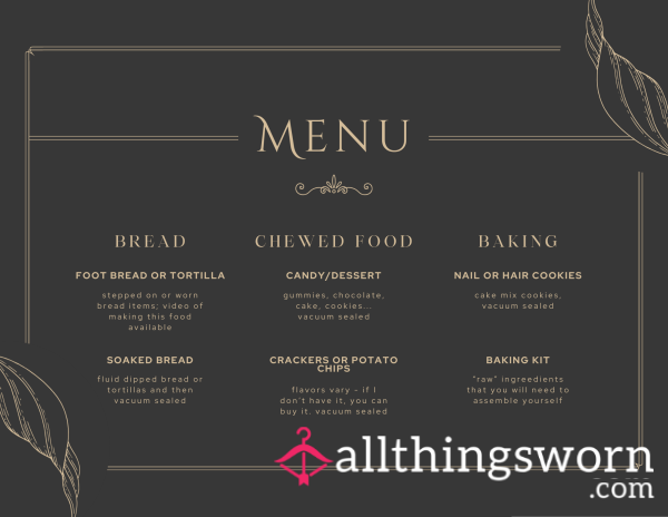 Fetish Food Menu (Pricing Varies, Message For Specifics)