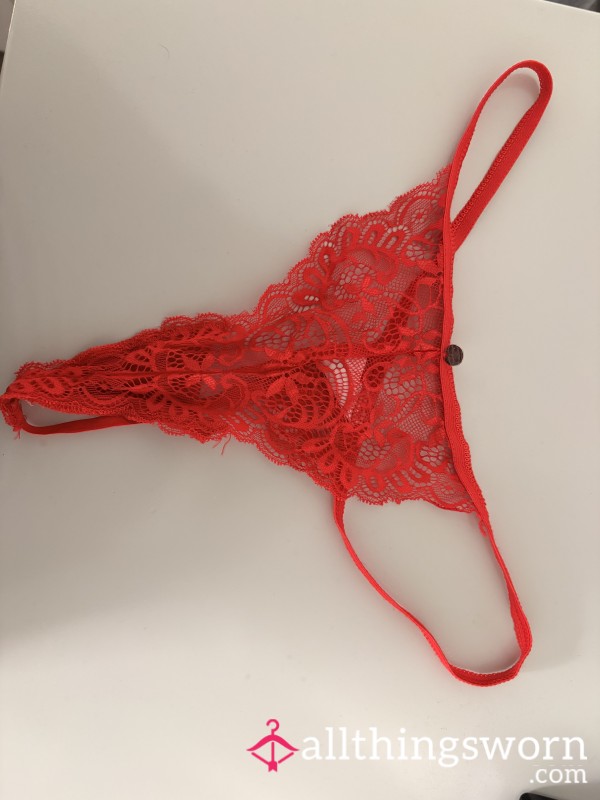 Fiery Red Lace Thong- Worn And Ready