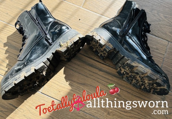 Filthy Black Patent Boots Size 4