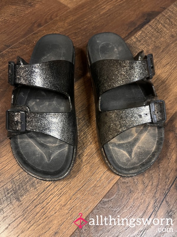 Filthy Dirty Sparkly Slides Sandals 👀 At The Bottoms Too