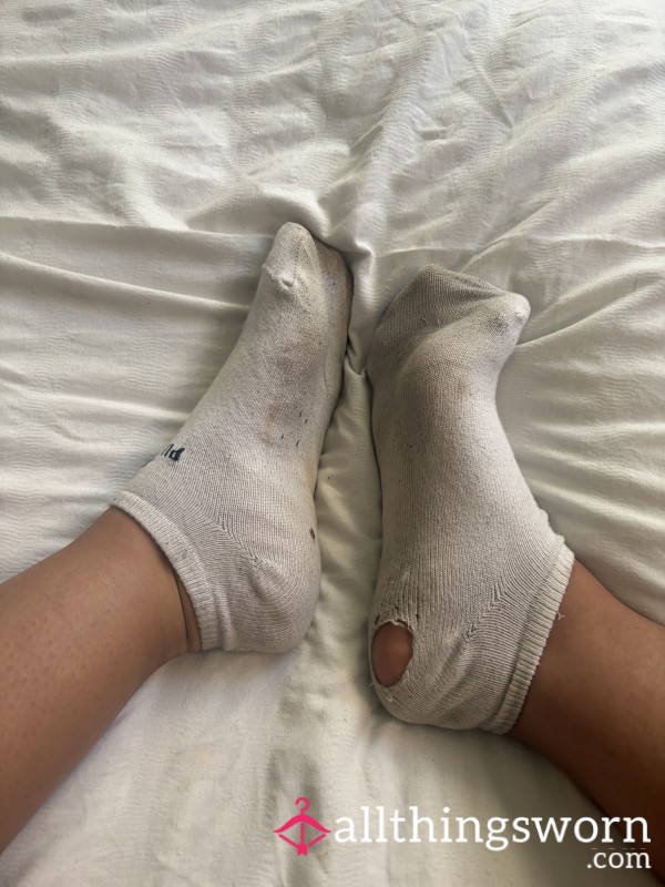 Filthy Holey White Puma Ankle Gym Socks