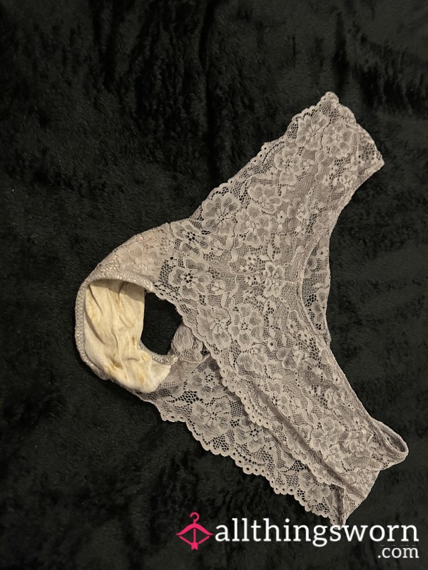 🌫️ Filthy Lace – Worn Grey Lace Panties 🔥