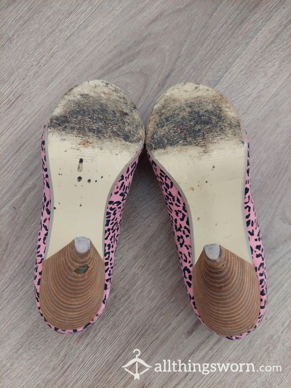 Filthy Worn Heels, Pink Leopard Print, Worn Shoes, Used Shoes, Size 3, With Toe Jam