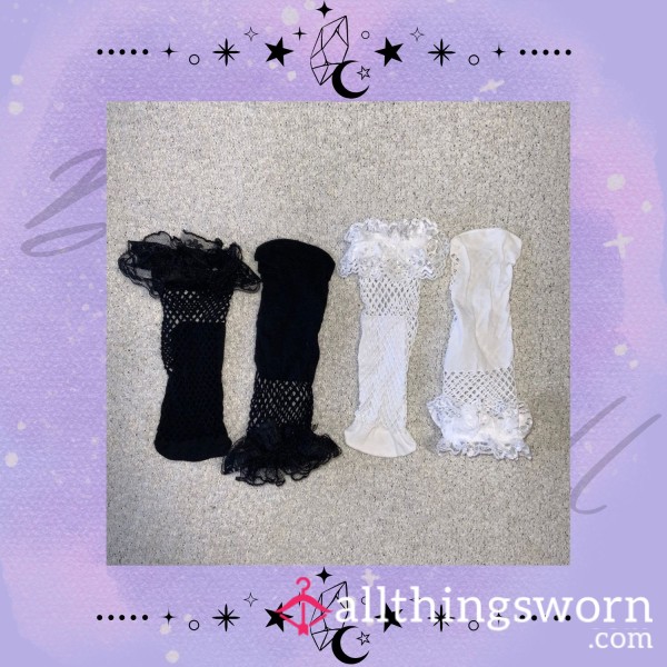 💖 Worn Fishnet Ankle Socks – Black & White With Lace Cuffs 💖