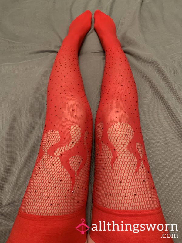 Flaming Red Diamanté Stockings