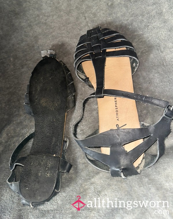 Flat Black Strappy Festival Worn Sandals, Dirty, Smelly, Heavily Worn 🖤