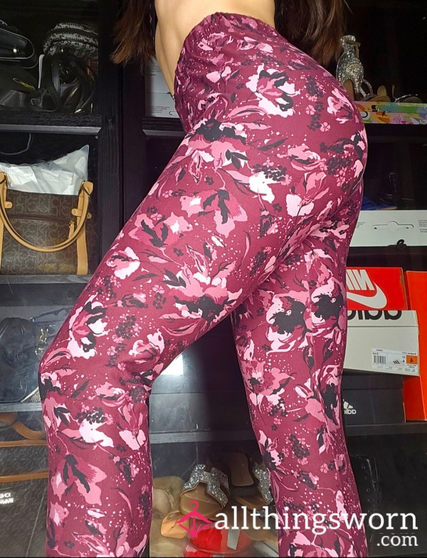 🌹Flor*l Cute Soft Maroon Red Leggings Bottoms Flower Tights Asian Japanese Mixed Tattooed Gym Girl Workout Fitness Model Trainer