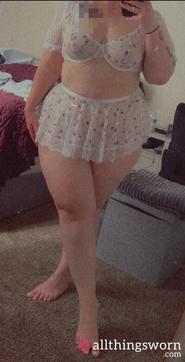 Flor*l Lace Top + Thong + Skirt Lingerie Set