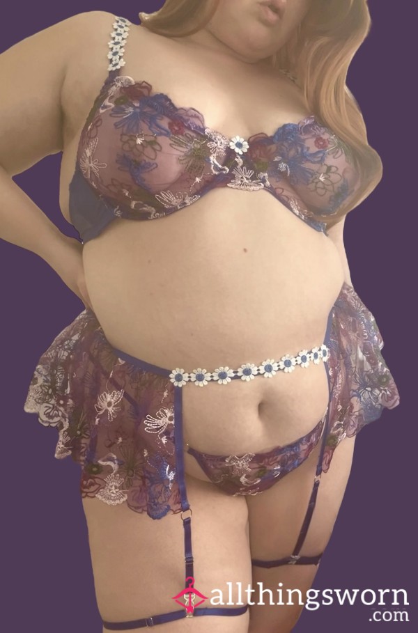 💐 Flor*l Mesh Lingerie Set With Garter Belt And Thong 💐