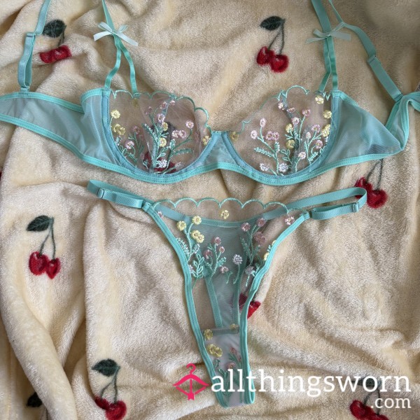 Flor*l Teal Embroidered Bra & Thong Set