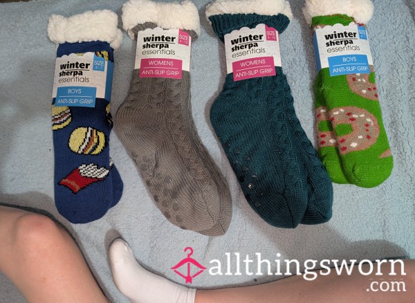 FLUFFY BED SOCKS 🧦🧦🧦😍 🍩 Doughnuts AND Burgers And Fries 🍟 And Grey  Also Dark Green 🤤 4 Pairs All Up $80 Each Pair 😜 Definitely Worth It To Add To Your Collection 😉