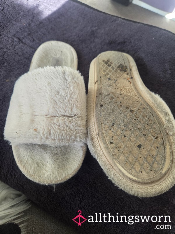 Fluffy Beige Slippers Worn By A Goddess For 3 Months