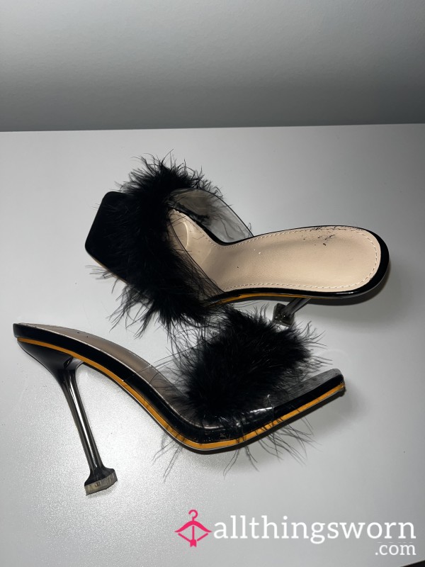 Fluffy Black Open Toe Heels  For Content 🖤