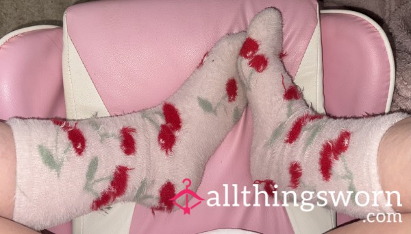 🍒 Fluffy Cherry Socks, Worn & Well-Loved 🍒