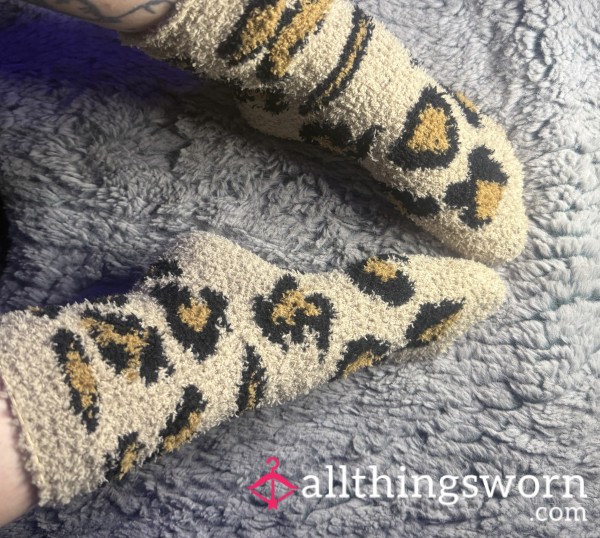 Fluffy Cream And Tan Leopard Print Socks