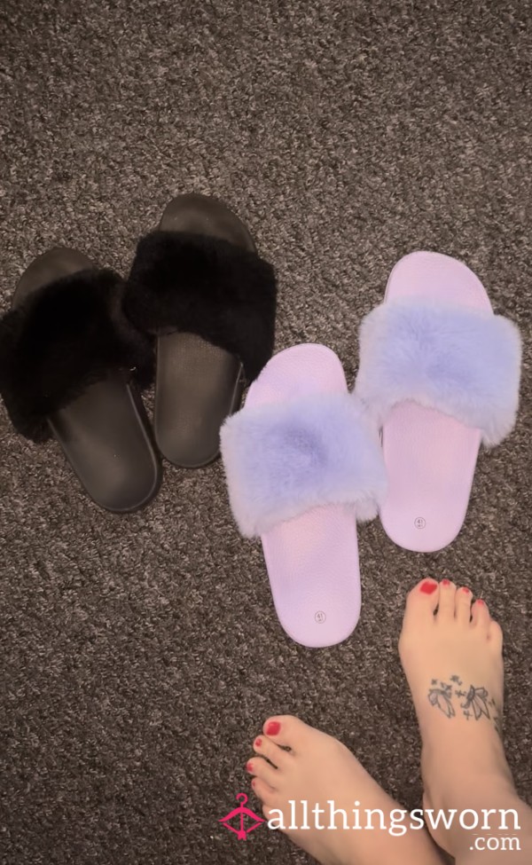Fluffy Flat Sliders Black & Lavender