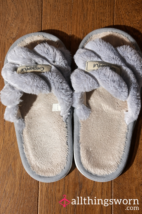 Fluffy Grey Slippers Gently Loved And Cozy