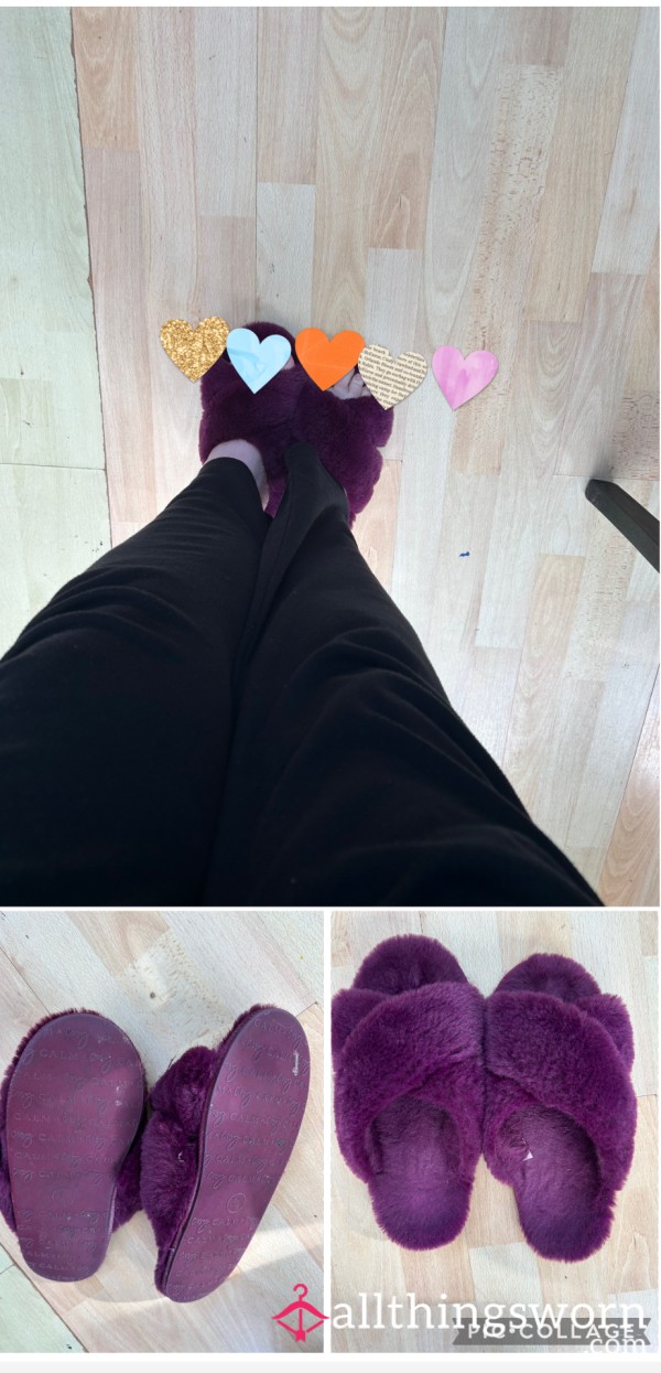 Fluffy Purple Well Worn Open Toe Slippers , Includes UK Postage
