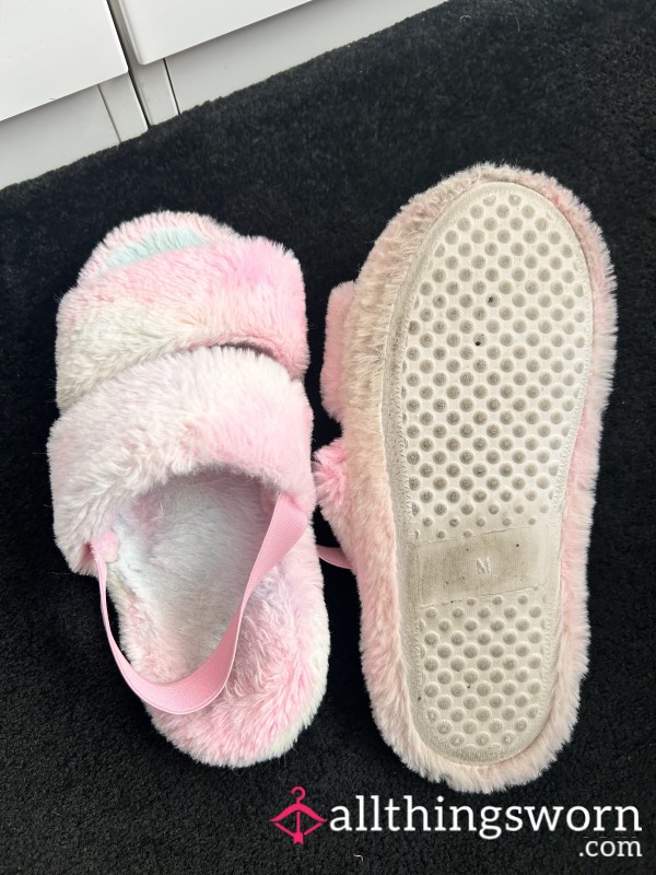 Fluffy Rainbow Slippers… Lovingly Worn Barefoot