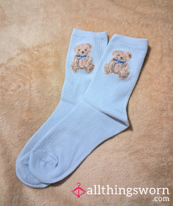Fluffy Teddybear Light Blue Long Socks 💙 🐻 | 24 HOUR WEAR + Custom Add Ons