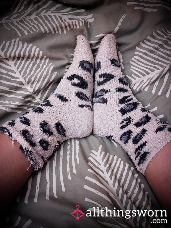 Fluffy Worn In Animal Print Socks For After A Long Day