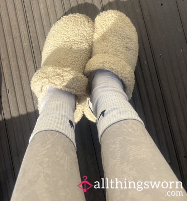 Foot Ignore In Sweaty Slippers And Sock Marks Round Ankles
