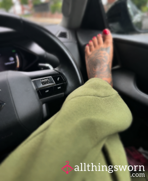 Fresh Red Pedi, Tattooed Foot, And A Quiet Moment In The Driver’s Seat.