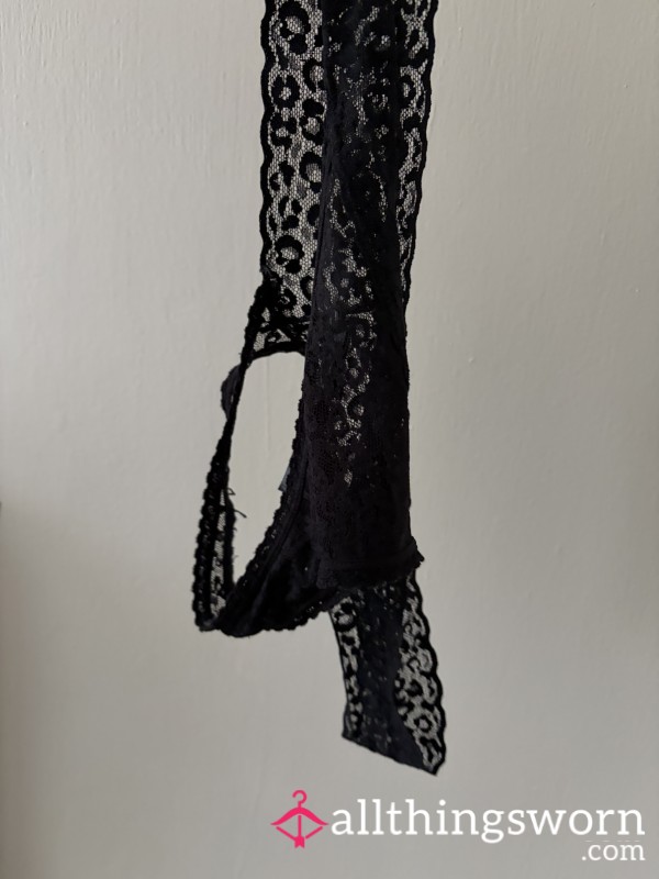 Freshly Juiced & Creamed Black Lace Thongs Size 12-14