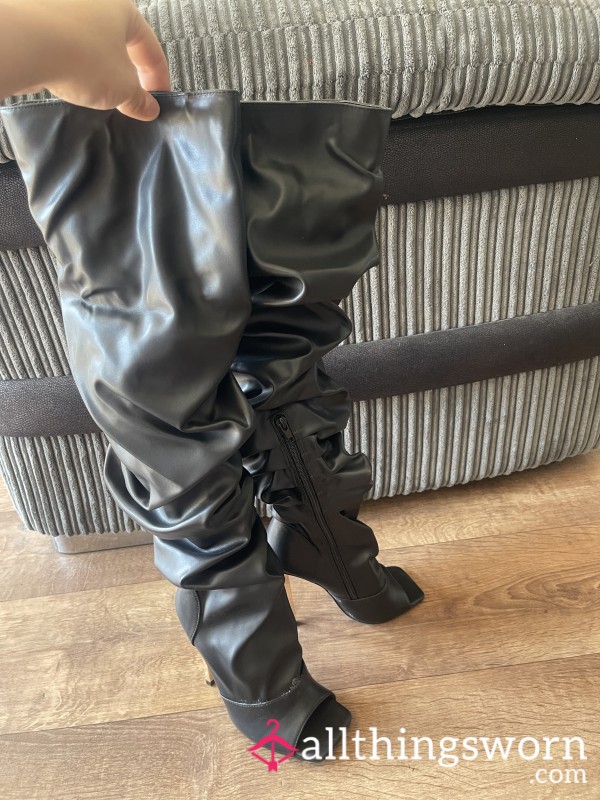 * SOLD* BEST FRIENDS - Worn, Black Leather Knee High, Open Toe Stiletto Boots Size 4 UK - Worn & Used Friends Leather Heeled Boots