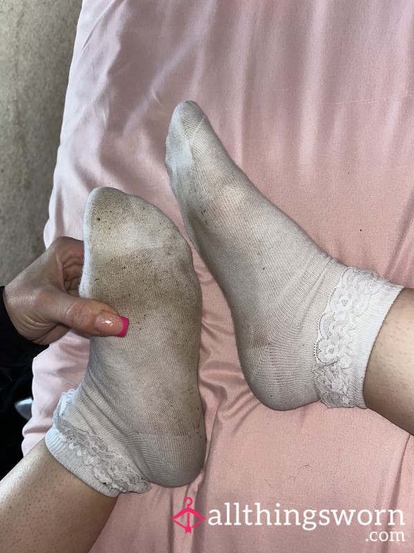 Frilly White Ankle Socks Worn And Filthy X