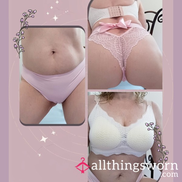 Fully Padded Soft Pink/White Bra & Cut-out Thong Set