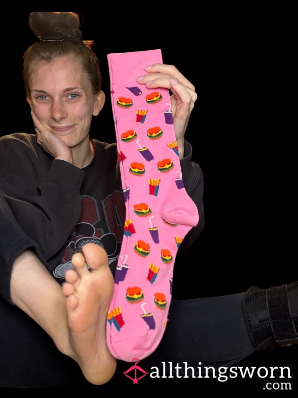 Funny Pink Tube Socks With Fast Food Theme