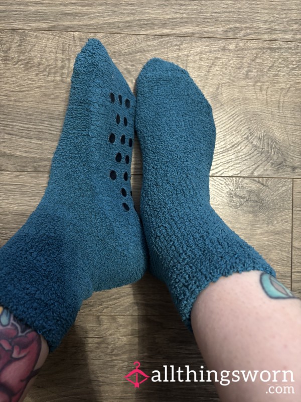 Fuzzy Blue Socks With Grips