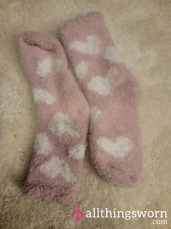 Fuzzy Pink And White Heart Socks