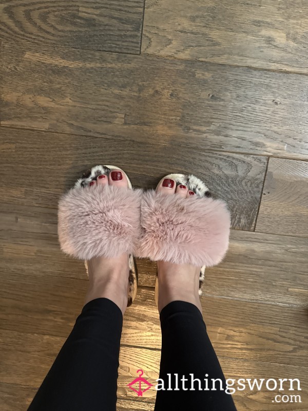 Fuzzy Pink/ Black And White Slippers