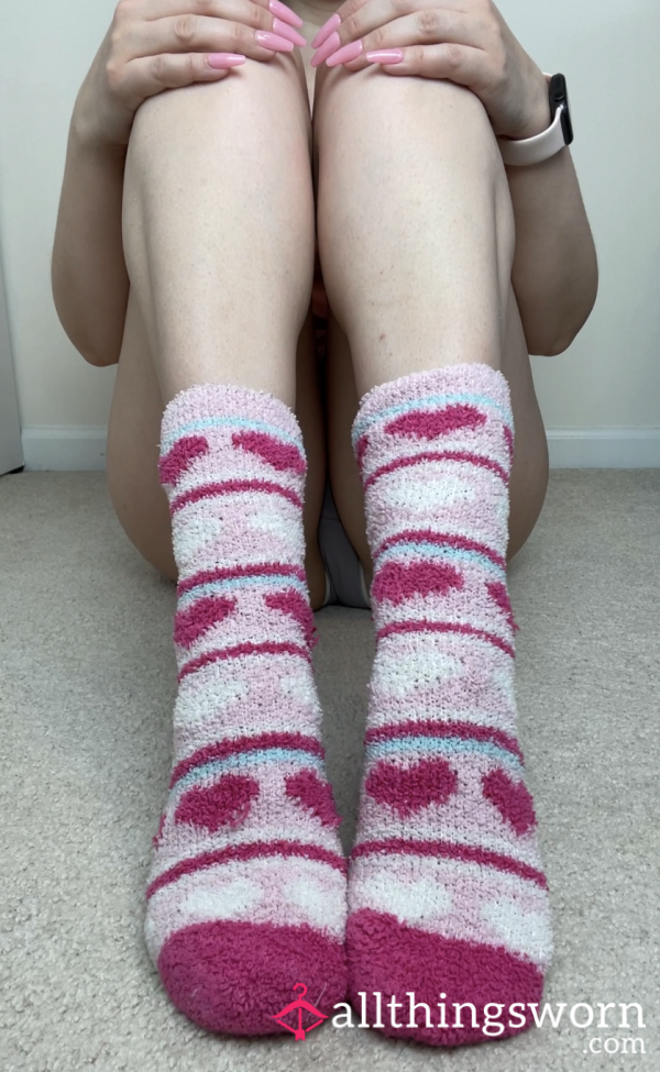 Fuzzy Pink Heart & Stripe Socks