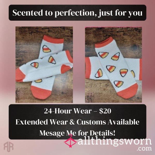 Worn Candy Corn Fuzzy Socks – 24HR Sweet & Stinky Halloween Treat