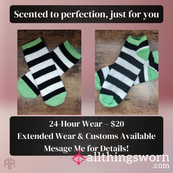 Worn Fuzzy Striped Socks – 24HR Scented Toes In Green, Black & White