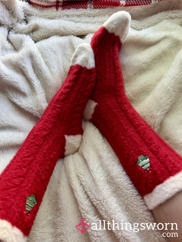 Fuzzy Thick Red & White Socks