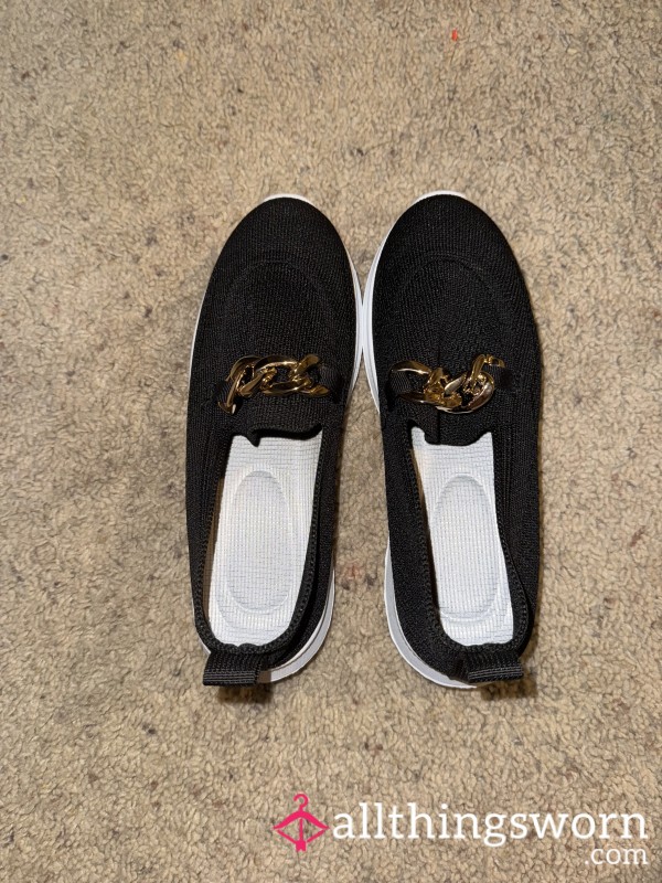 Gently Loved Black Slip-Ons – Lightly Worn, Sweetly Teasing 🖤