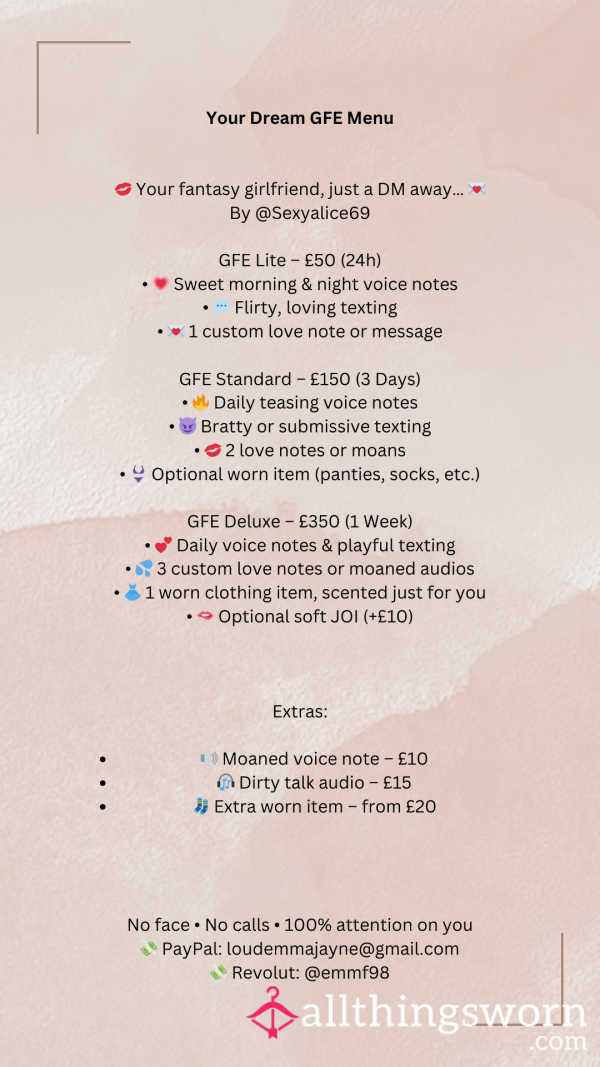 Girl Friend Experience Menu