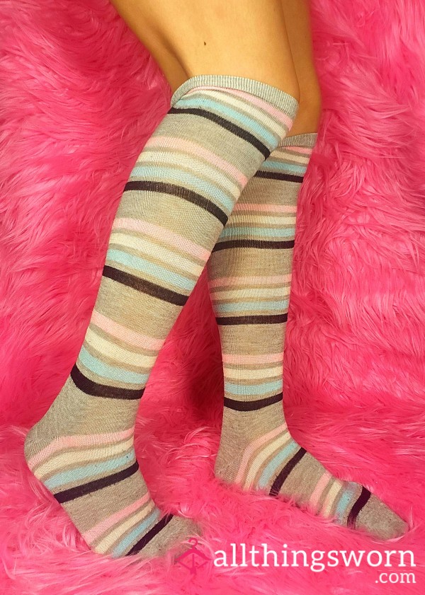 Girly Cute Striped Thigh High Knee High Grey Socks Cotton Socks Japanese Asian Feet Arched Petite Small Feet Fetish Foot Worship Workout Gym Fitness Model