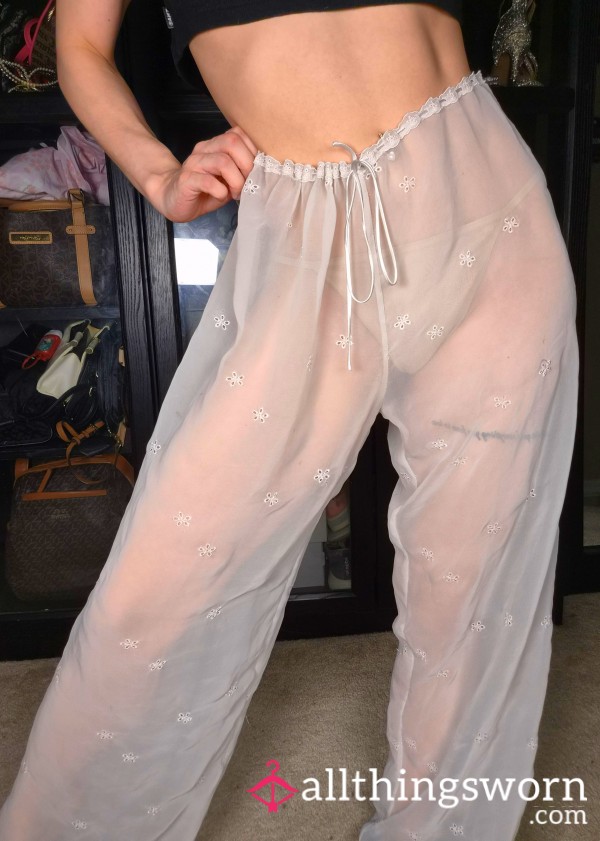 🤍Girly Feminine See-Through Silky Soft Mesh White Lace Pants Embroidered Lingerie Pj Lounge Bottoms Well Worn For Years Japanese Asian Girl Petite Athletic Gym Model Personal Trainer