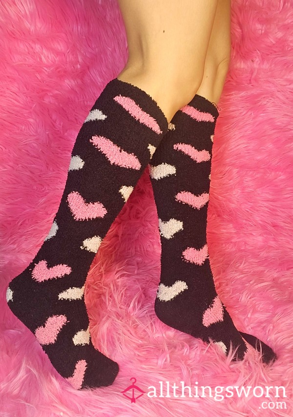 💓Girly Heart Socks Furry Fluffy Pink & Black Socks Tall Cute Knee High Socks Well Loved Jaapnese Asian Feet Fetish Foot Worship Goddess Workout Model Trainer