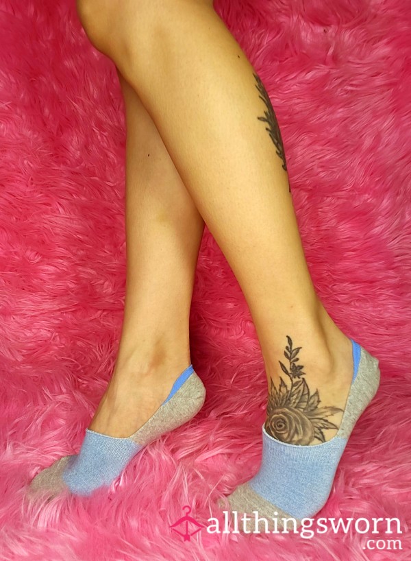 💙Girly Stripe Cute Socks Grey & Blue Slip On Socks Cotton Short Ankle Socks Asian Japanese Tattooed Feet Fetish Foot Worship Gym Girl Fitness Model