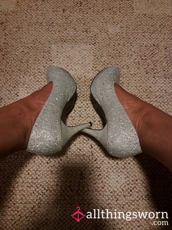 Glittery Silver And Rhinestone Heels Sz9