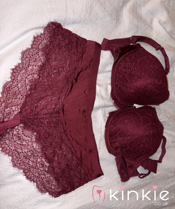 Goddess' Deep Burgundy Lace Temptation - Worn For Your Worship (Bra + High-Waist Panties)