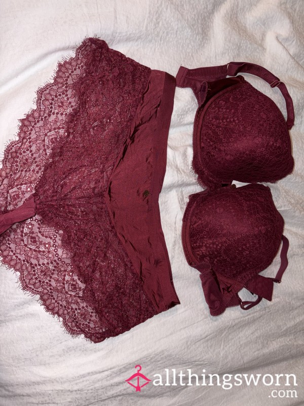 Goddess' Deep Burgundy Lace Temptation - Worn For Your Worship (Bra + High-Waist Panties)