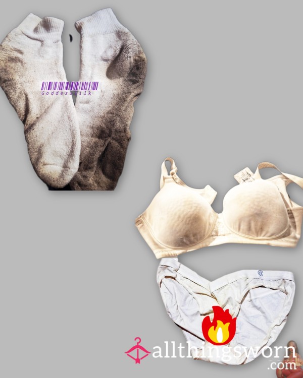 Goddess Silk Well-Worn Panties – Filthy Creamy Crotch + Strong Musky Pu**y Scent- Dirty Smelly Socks & Dirty Bra Bundle